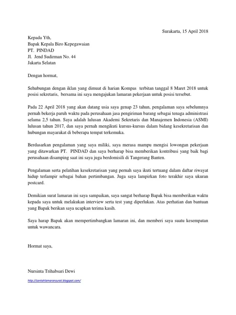 Saya menguasai kompetensi di bidang administrasi . Contoh Surat Lamaran Kerja Sekretaris Pt Pindad Pdf