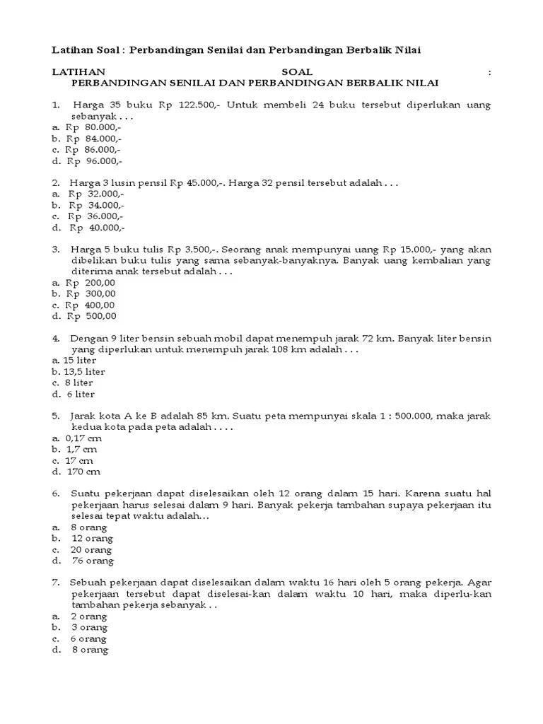 Latihan Soal Mat Perbandingan Senilai | PDF