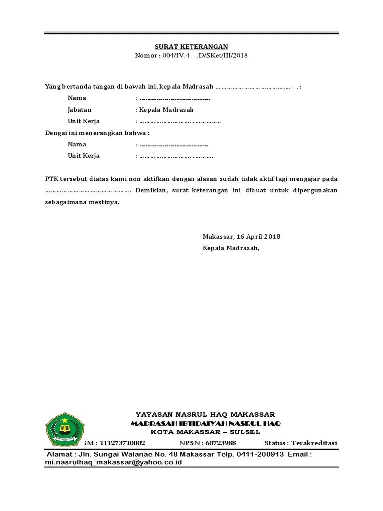Sudah tidak bekerja lagi di perusahaan kami. Surat Keterangan Non Aktif Ptk 1 Pdf