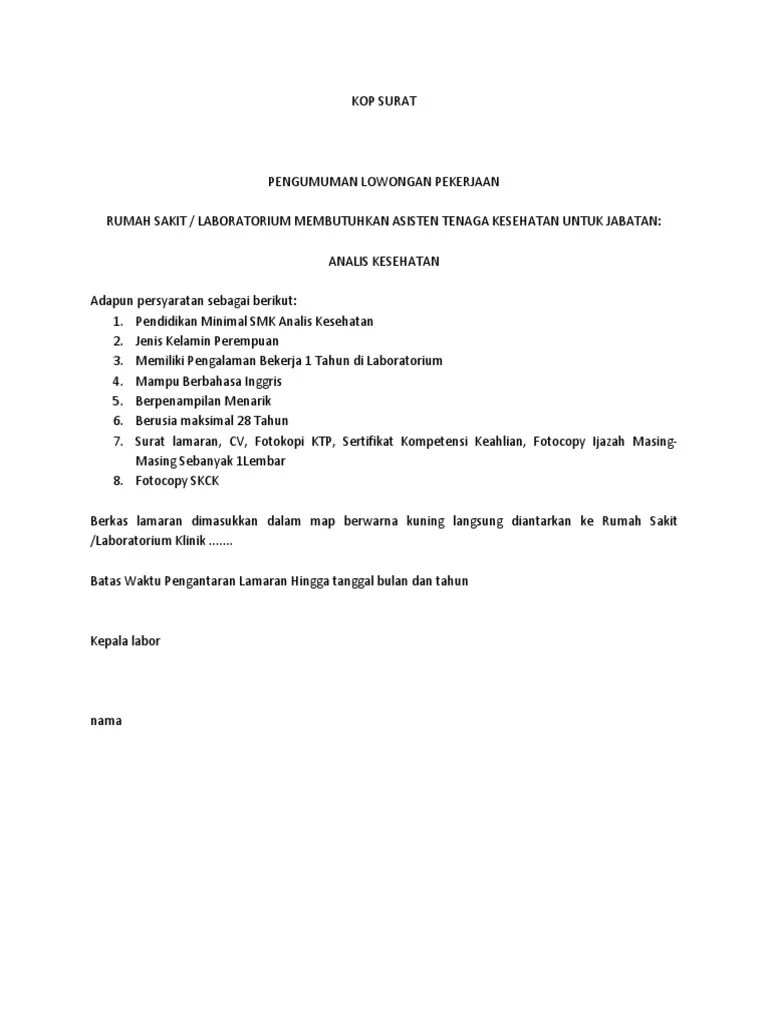 Pada saat kita bermaksud ingin memberikan surat lamaran kerja ke sebuah perusahaan, tentunya harus disertai dengan amplop suratnya, . Format Surat Lamaran Analis Kesehatan Pdf