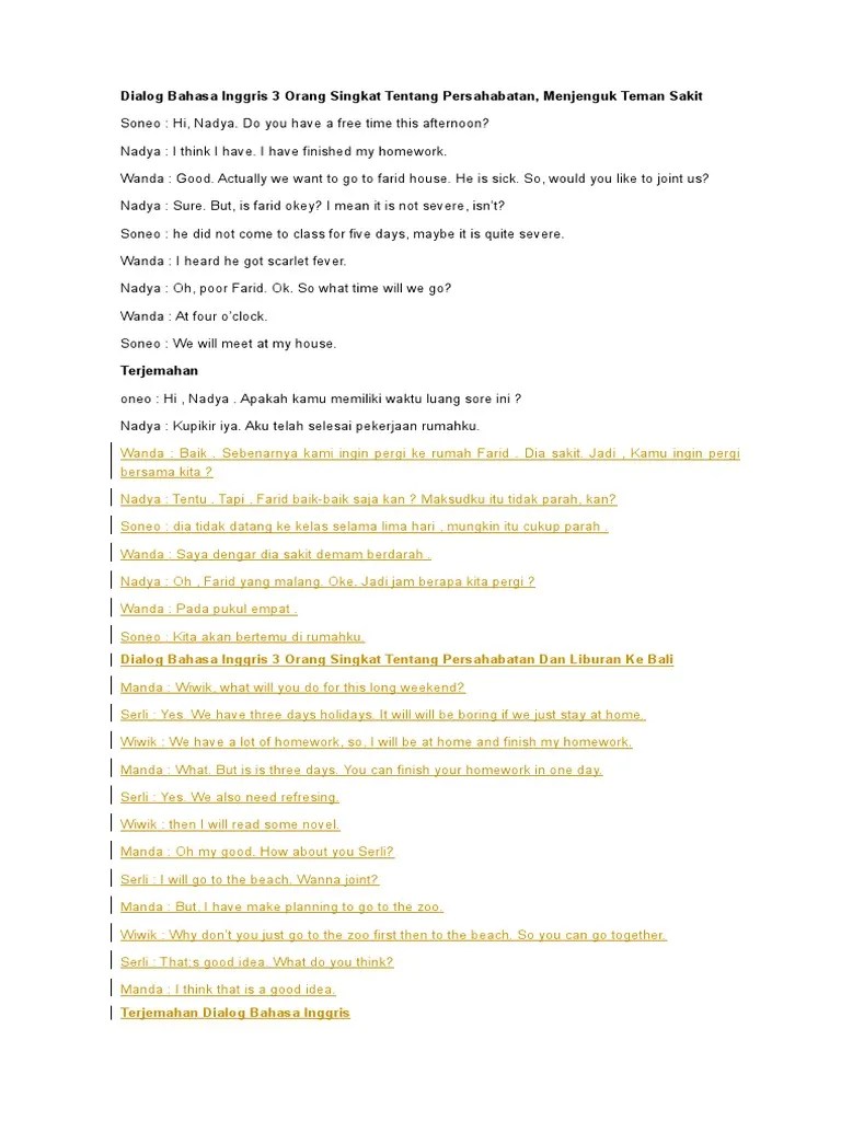 Dialog Bahasa Inggris 3 Orang Singkat Tentang Persahabatan | PDF