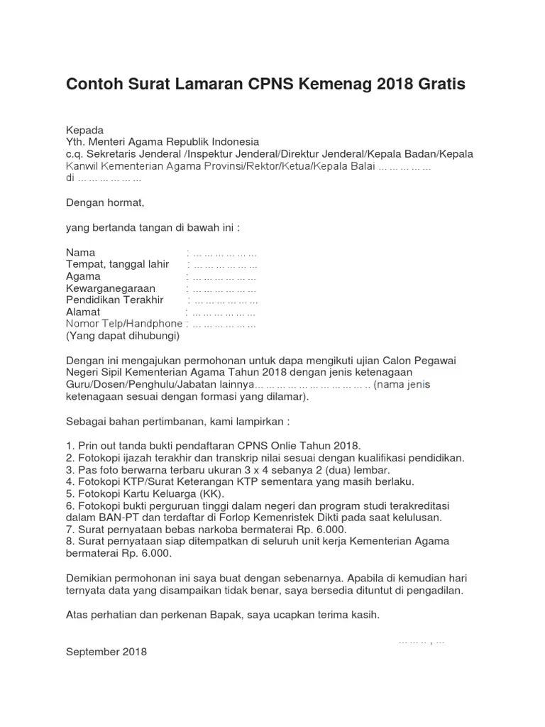 Dengan hormat, yang bertanda tangan di bawah ini: Contoh Surat Lamaran Cpns Kemenag Tahun 2018 Kumpulan Surat Penting