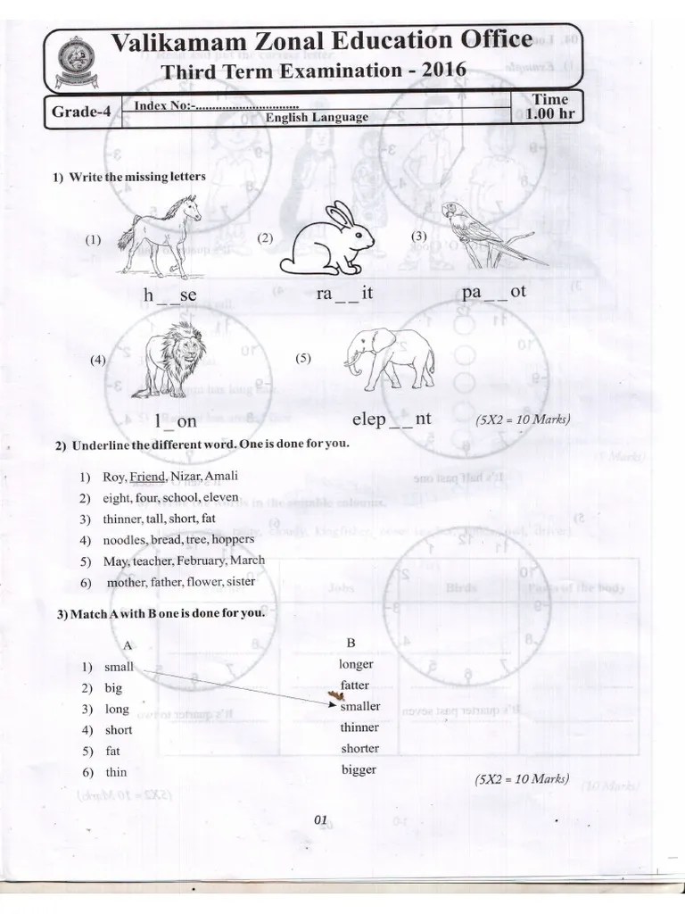 sri lanka grade 4 3rd term test paper pdf