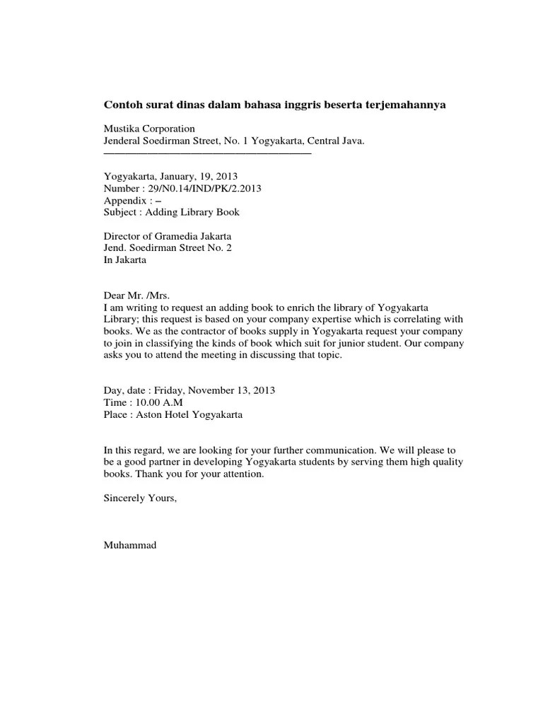 , contoh surat praktik, surat dinas, surat. Contoh Surat Dinas Dalam Bahasa Inggris Beserta Terjemahannya