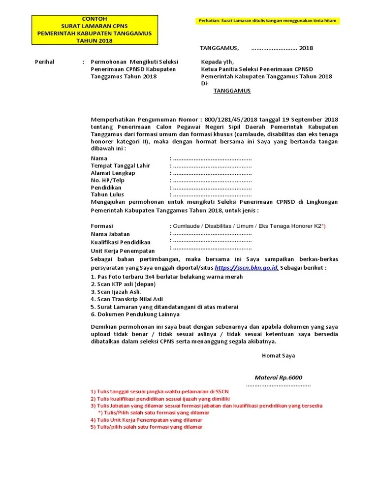 Mohon untuk petunjuknya untuk pendaftaran cpns surat lamaran dan . Contoh Surat Lamaran Cpns Tanggamus 2018 Pdf