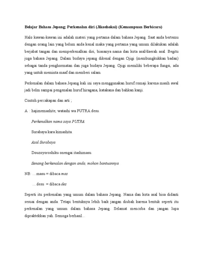 Belajar Bahasa Jepang Per Ken Alan Diri Jikoshokai (Kemampuan Berbicara |  PDF