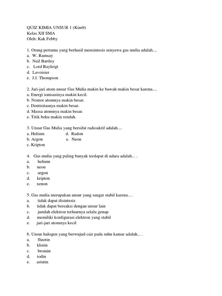 Quiz Kimia Unsur Gas Mulia | PDF