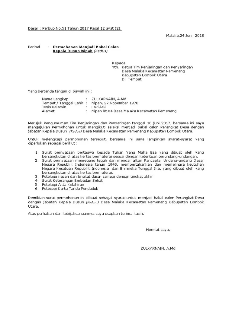 Contoh surat permohonan / lamaran ………………,………………………….20… kepada yth. Contoh Surat Lamaran Calon Kepala Desa Berbagi Lamaran