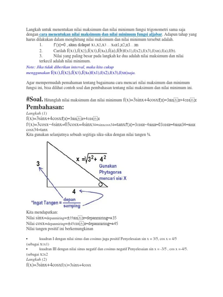Langkah Untuk Menentukan Nilai Maksimum Dan Nilai Minimum Fungsi  Trigonometri Sama Saja Dengan