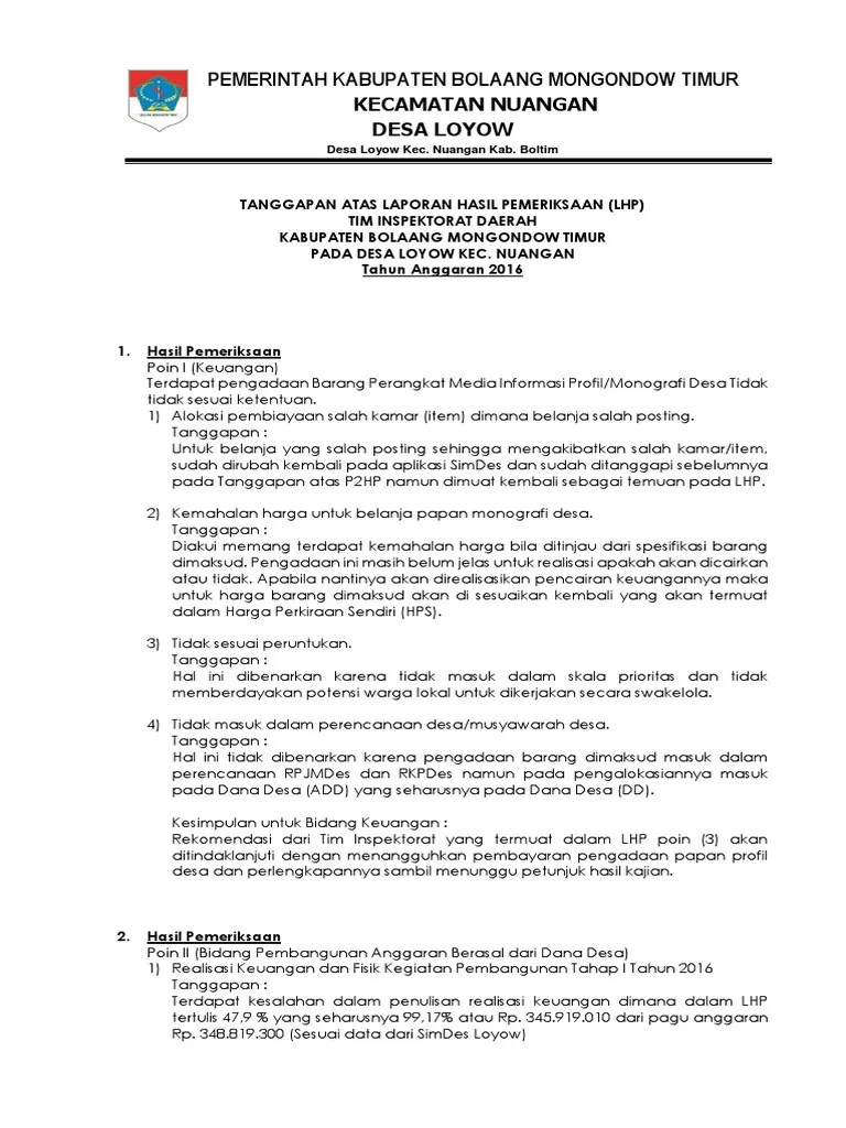 Laporan hasil pemeriksaan yang selanjutnya disingkat lhp. Tanggapan Lhp Inspektorat Desa Loyow Pdf