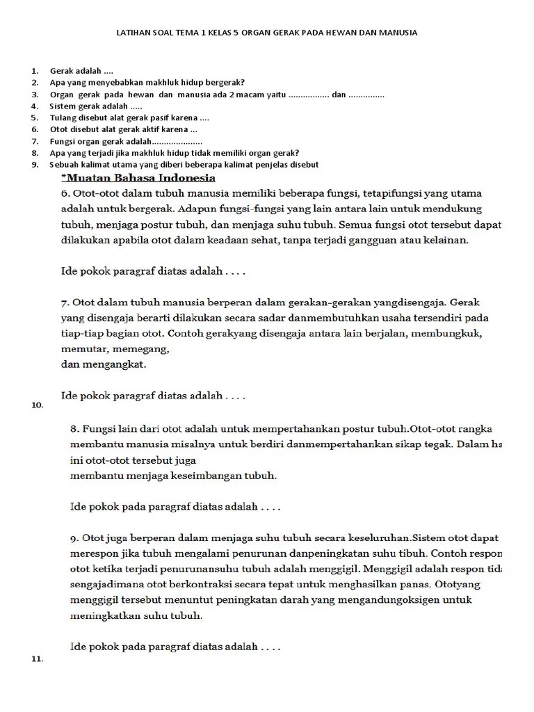 Perhatikan pernyataan di bawah ini! Latihan Soal Tema 1 Kelas 5 Organ Gerak Pada Hewan Dan Manusia Pdf