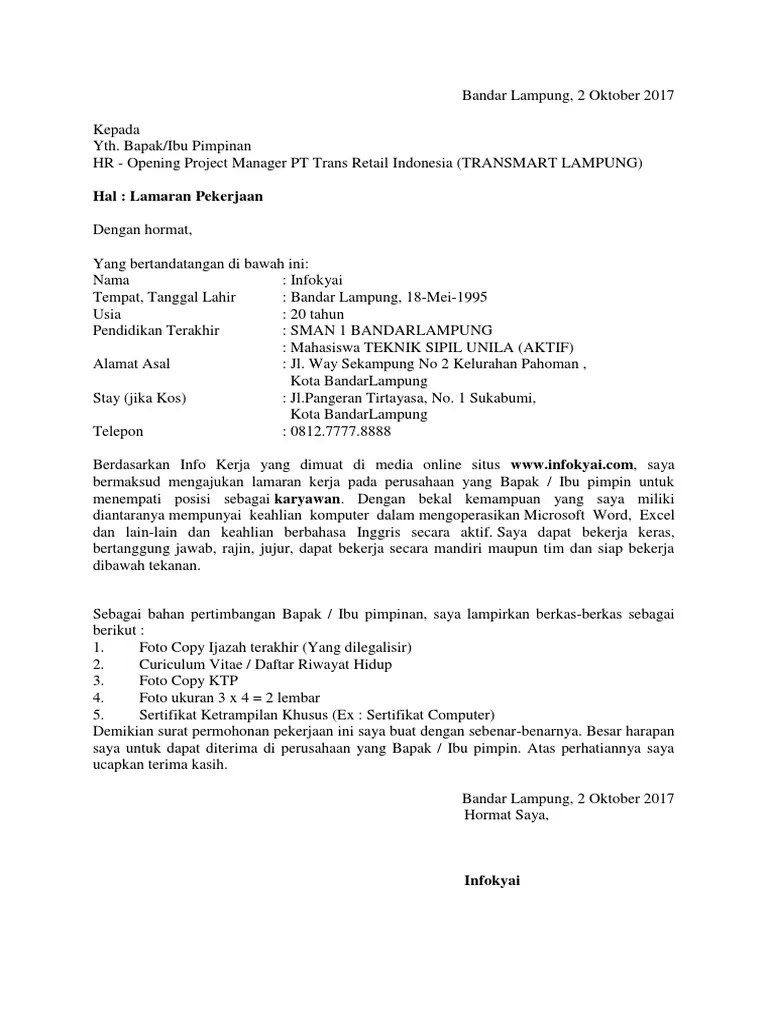 Contoh surat lamaran kerja transmart pertama. Surat Lamaran Kerja Transmart Contoh Surat Lamaran