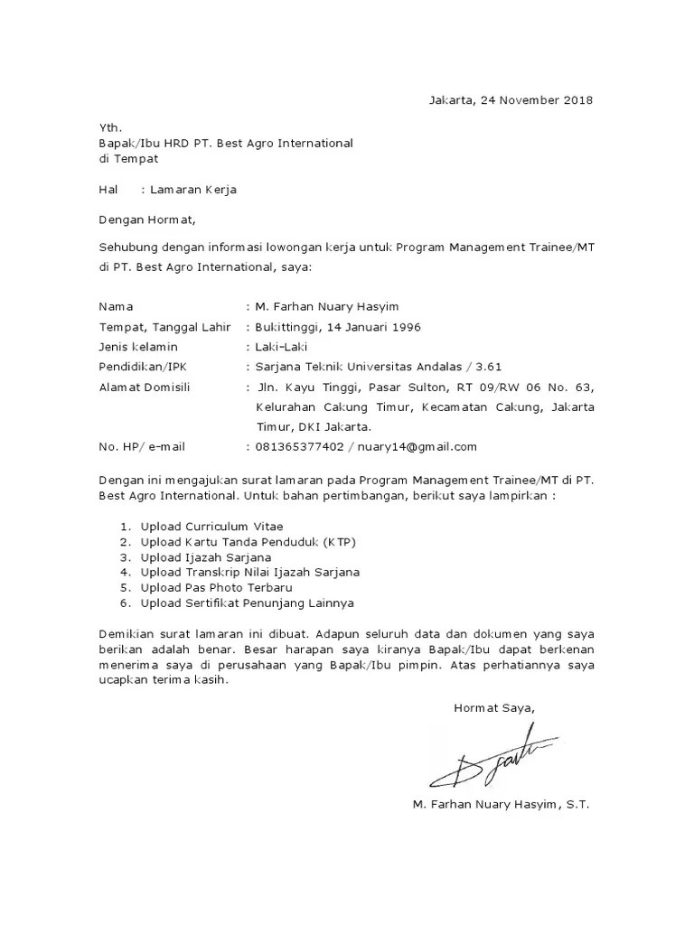 Contoh surat lamaran kerja di pt perkebunan kelapa sawit. Surat Lamaran Pt Best Agro International Pdf