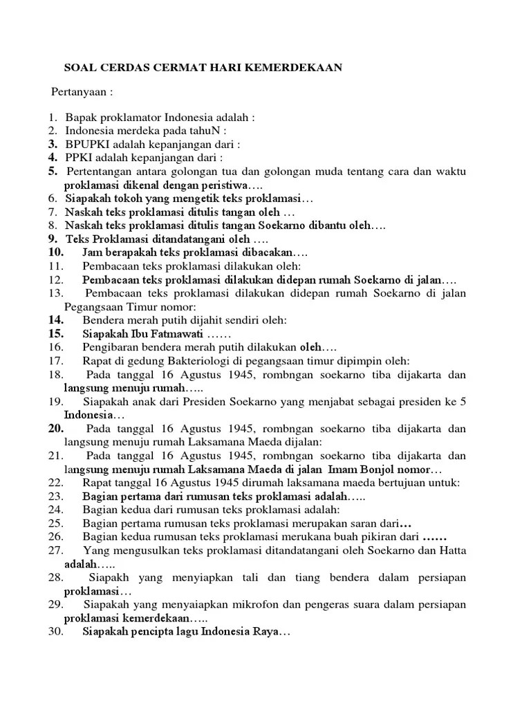 Berikut ini adalah kumpulan contoh soal cerdas cermat agama yang dapat digunakan untuk menyelenggarakan kegiatan lomba cerdas cermat sd . Soal Cerdas Cermat Hari Kemerdekaan Pdf