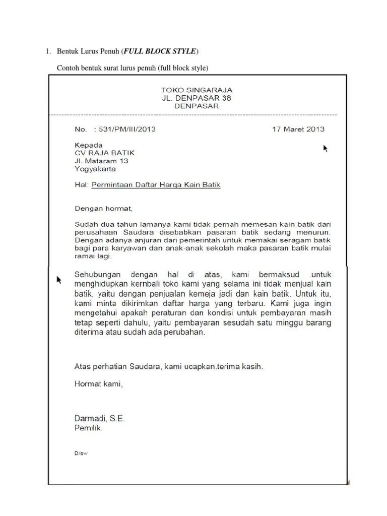 Pola bentuk lurus penuh full block style. Bentuk Surat Pdf