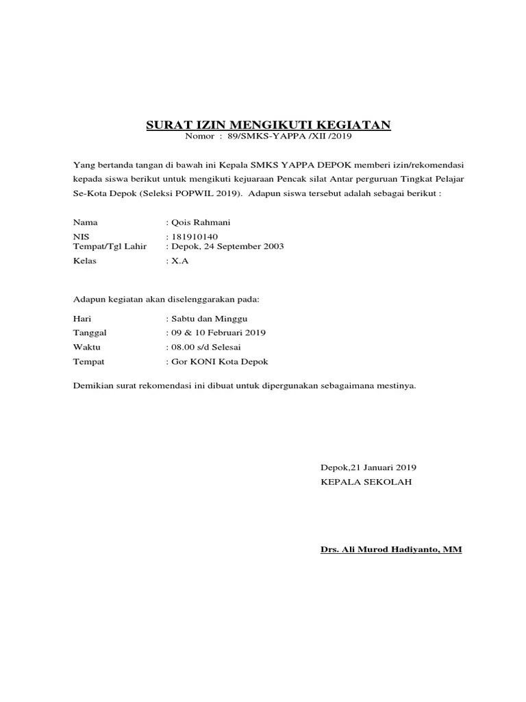 Contoh surat ijin mengikuti kegiatan diluar sekolah . Surat Rekomendasi Mengikuti Lomba Pdf
