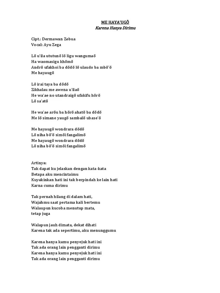 Lirik Lagu ME HAYAUGO | PDF