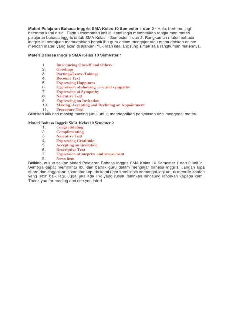 Materi Pelajaran Bahasa Inggris SMA Kelas 10 Semester 1 Dan 2 | PDF