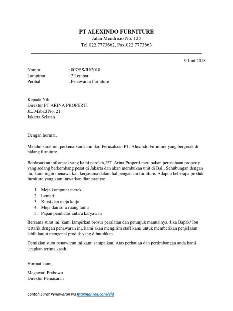 Surat diatas merupakan contoh surat penawaran harga barang yang dikirimkan oleh pt maju komputer dengan maksud untuk menawarkan produk elektronik mereka kepada pimpinan pt. Contoh Surat Penawaran Barang Furniture Nusagates