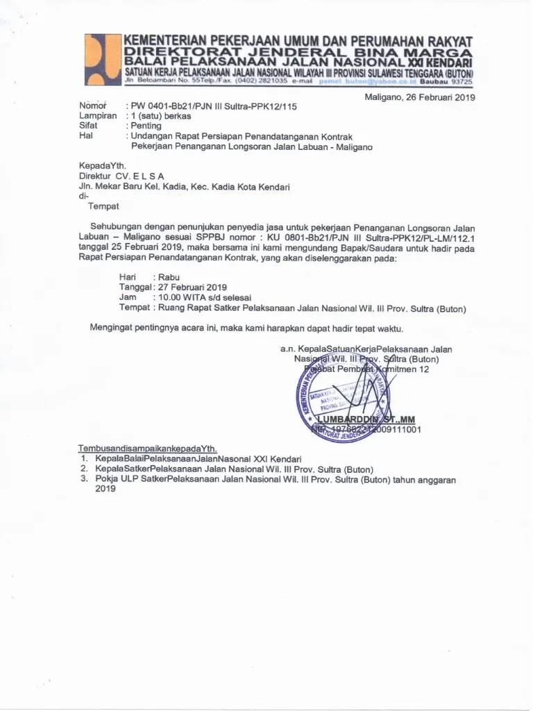 Undangan Rapat Persiapan Penandatanganan Kontrak Pekerjaan Penanganan  Longsoran Jalan Labuan - Maligano | PDF