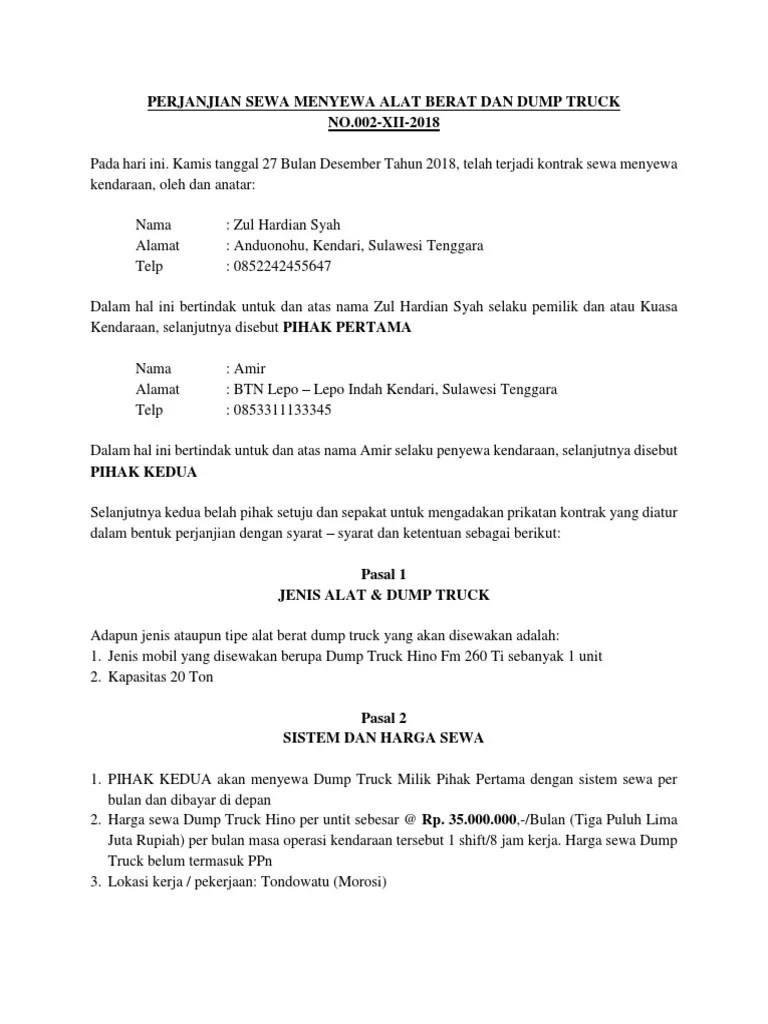Contoh surat lamaran kerja untuk operator excavator bagikan contoh. Perjanjian Sewa Menyewa Alat Berat Dan Dump Truck Pdf