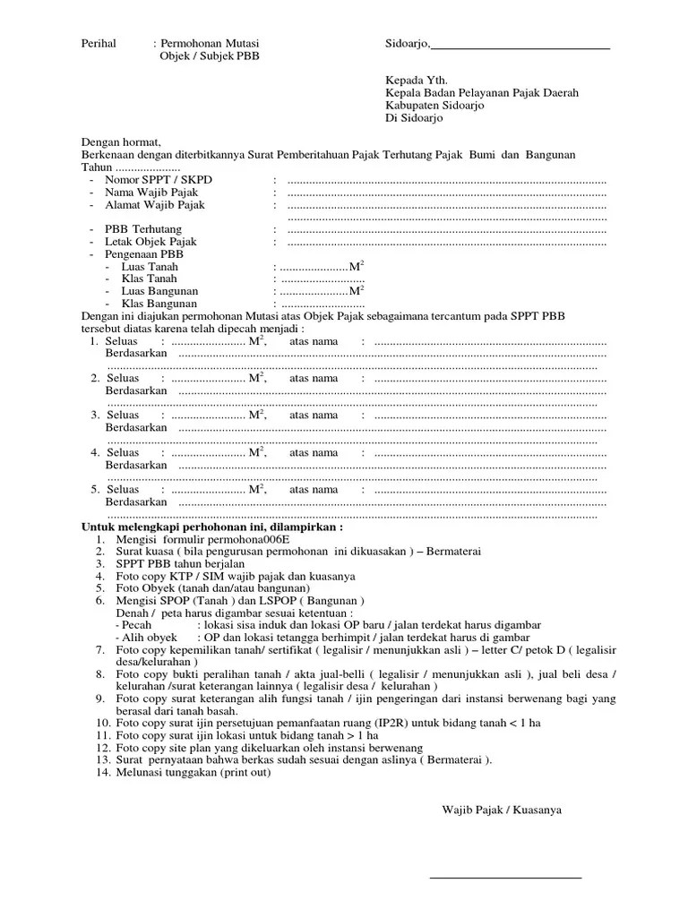 Fotocopy surat pernyataan / keterangan . Form Mutasi Objek Subjek Pbb Baru Pdf