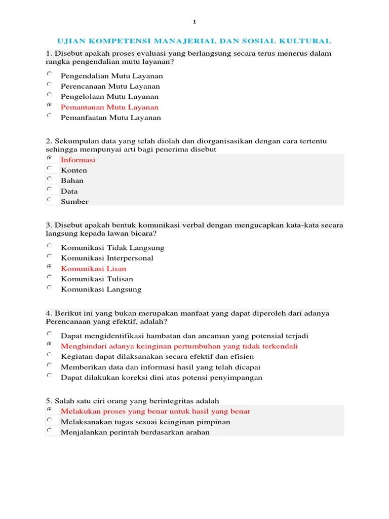 Apr 08, 2021 · soal integritas seleksi terbuka jabatan pimpinan tinggi madya dan pratama tahun 2021. Contoh Soal Ujian Kompetensi Manajerial Dan Sosial Kultural