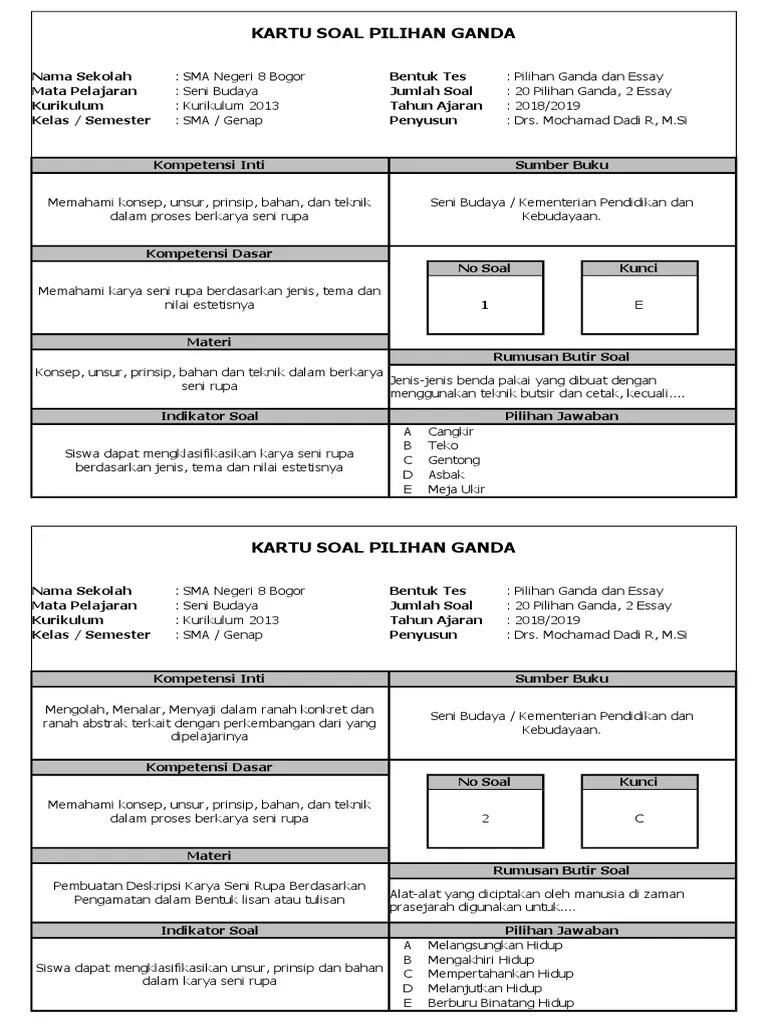 Jumlahnya sebanyak 45 butir soal dengan ketentuan 40 soal pilihan ganda dan 5 soal uraian. Kartu Soal Ujian Sekolah Seni Budaya Smk