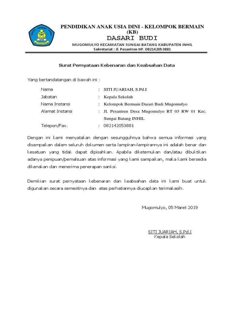 LAMPIRAN I - Surat Pernayataan Kebenaran Dan Keabsahan Data | PDF