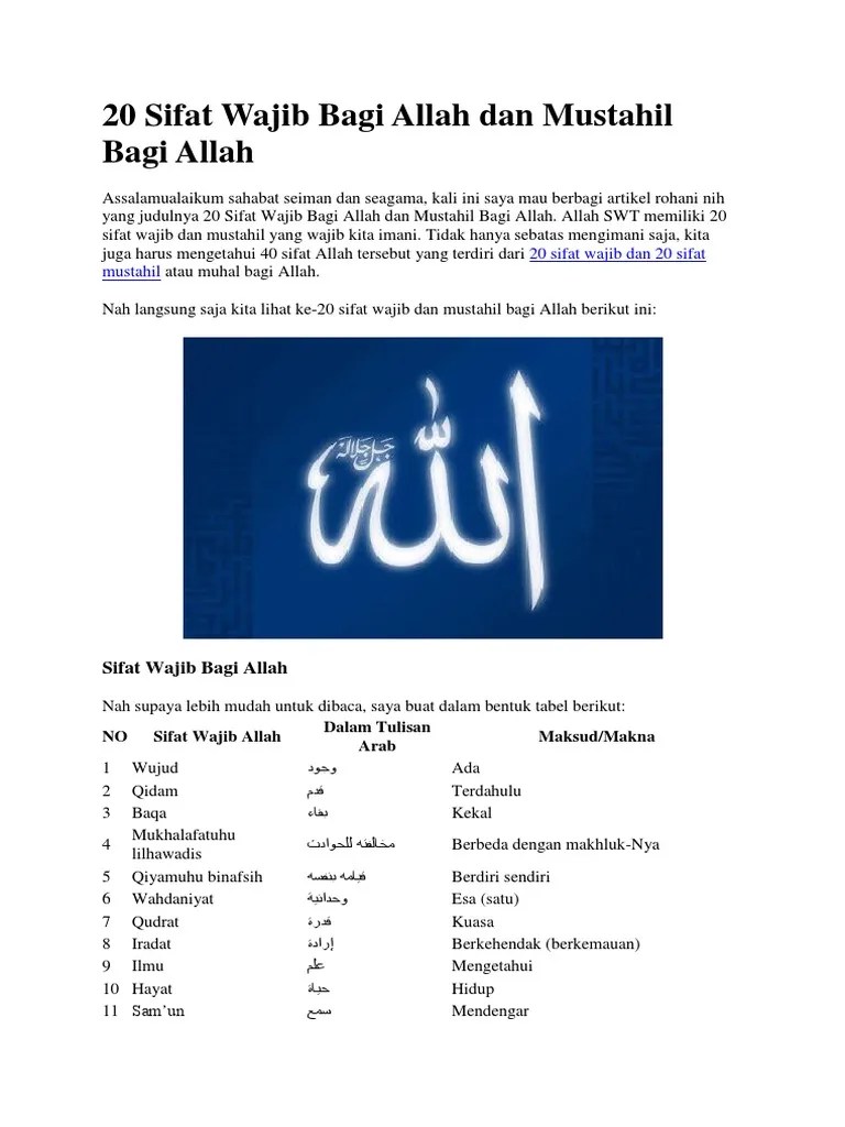 20 Sifat Wajib Bagi Allah Dan Mustahil Bagi Allah | PDF