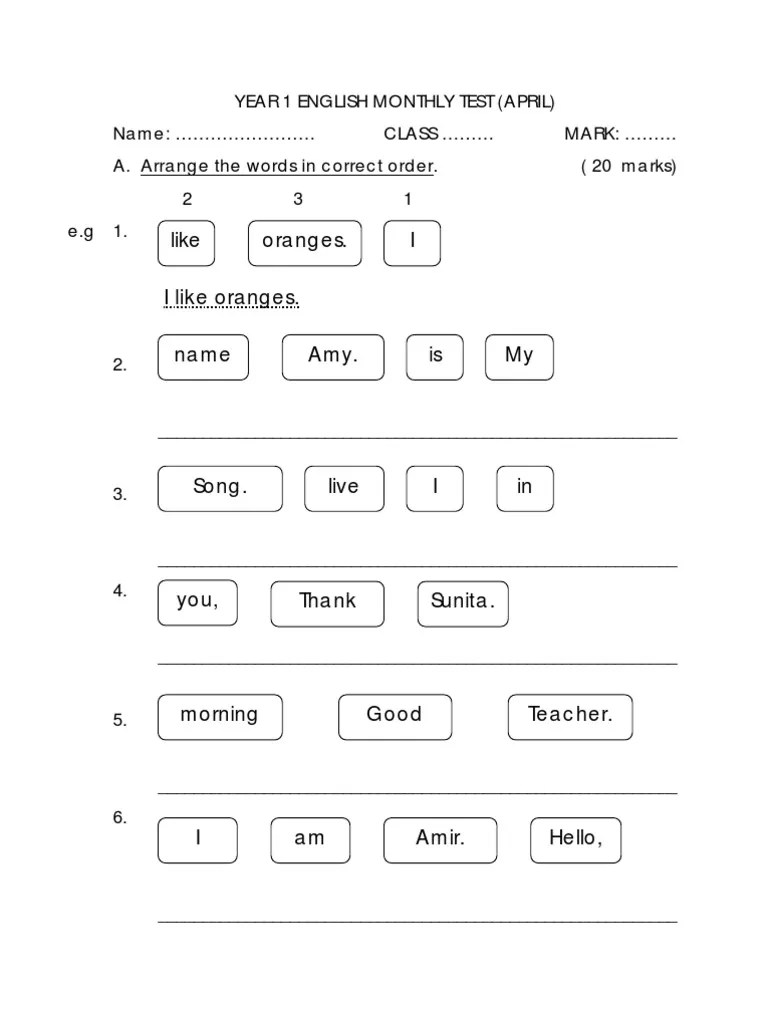 english year1 monthly test april