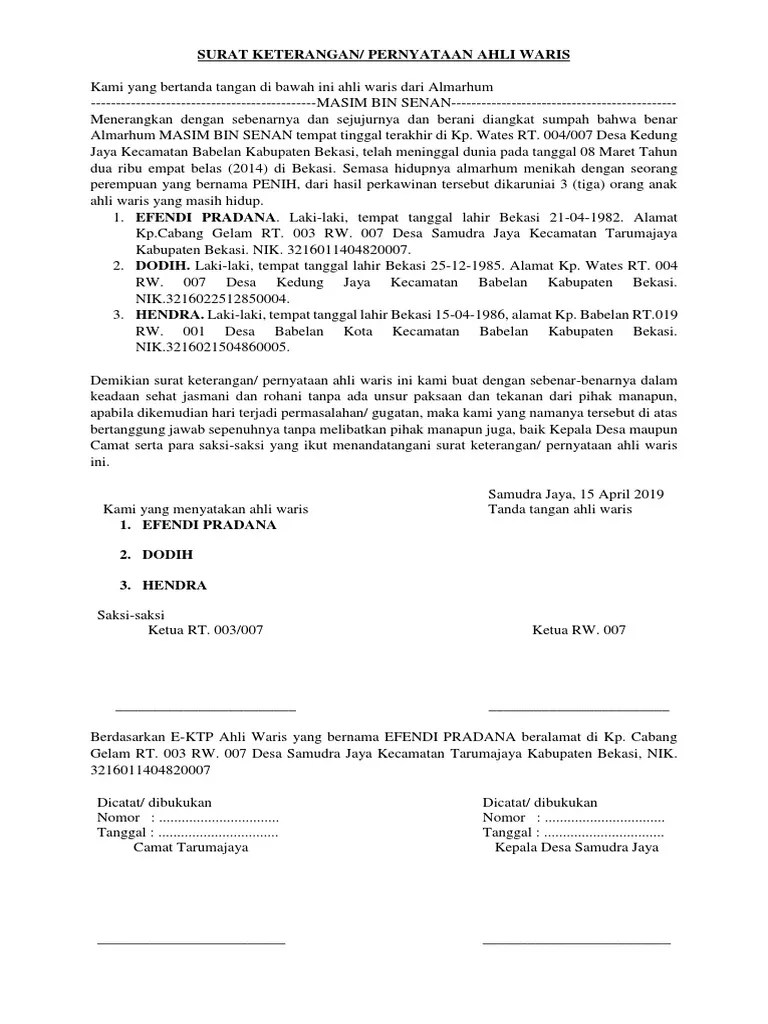 Cara mengurus surat keterangan ahli waris · bawalah berkas atau dokumen persyaratan kepada ketua rt/rw tempat anda tinggal. Surat Keterangan Ahli Waris Format Baru