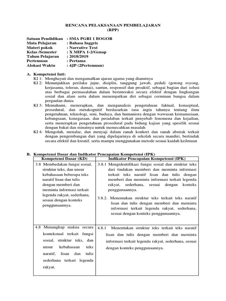RPP Narrative Text Kelas X | PDF