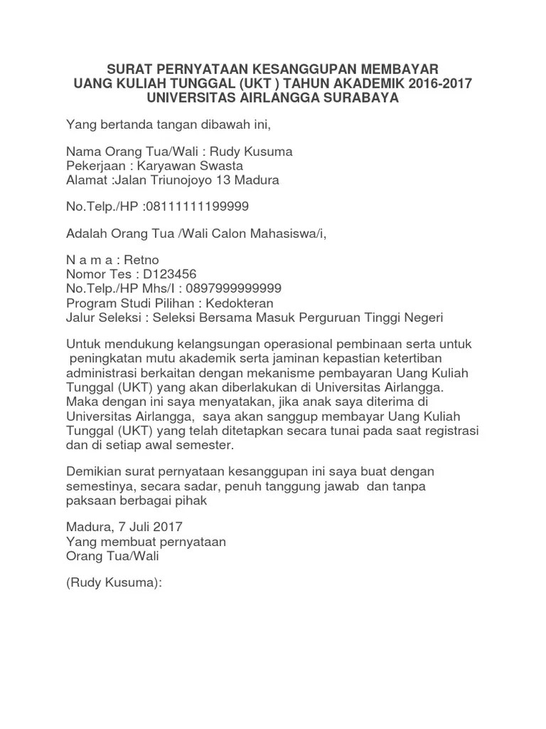 Contoh surat pernyataan pembayaran uang kuliah. Surat Pernyataan Kesanggupan Membayar