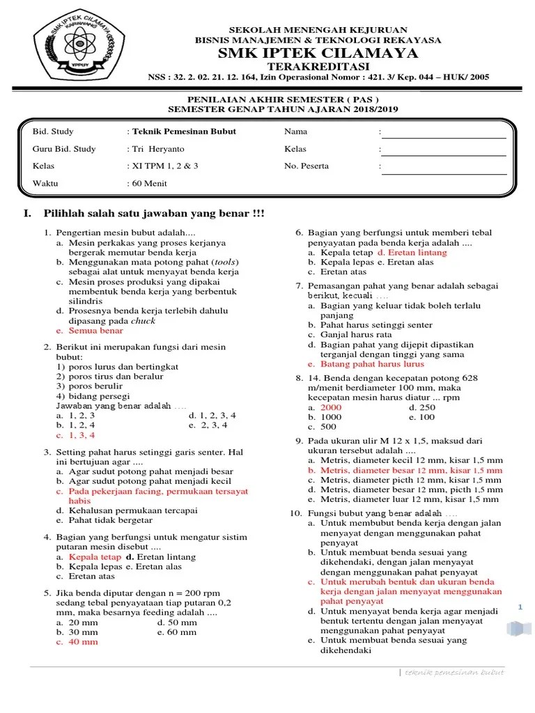 Contoh Soal Teknik Mesin Bubut Berserta Jawabanya - File Ini