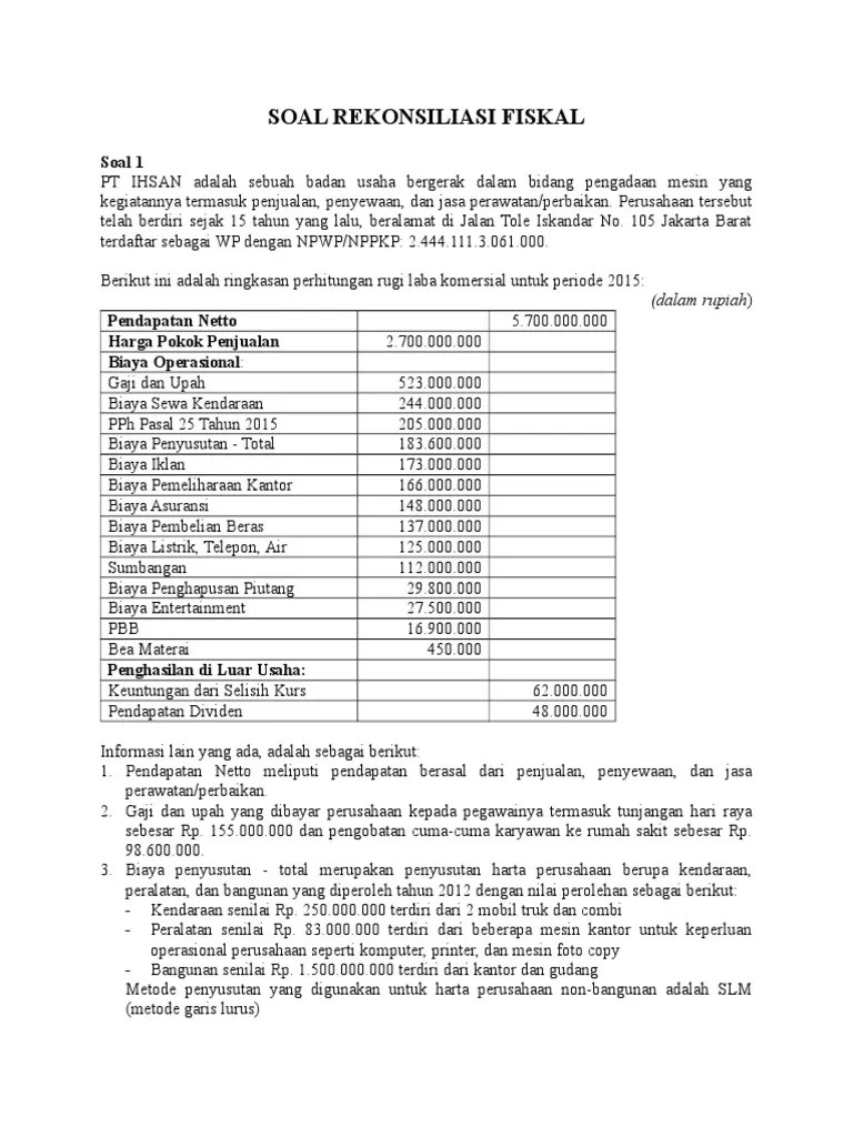 1) biaya yang dibebankan atau dikeluarkan untuk kepentingan pribadi pemegang saham, sekutu, atau anggota. Soal Rekonsiliasi Fiskal 2018 Pdf