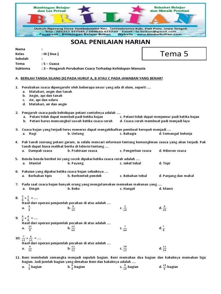 Soal Tematik Kelas 3 SD Tema 5 Cuaca Subtema 3 Pengaruh Perubahan Cuaca  Terhada Kehidupan Manusia Dan Kunci Jawaban | PDF
