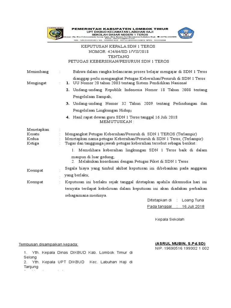 Pengangkatan petugas kebersihan lingkungan di wilayah desa kesiman. Sk Petugas Kebersihan Sdn 1 Teros Pdf