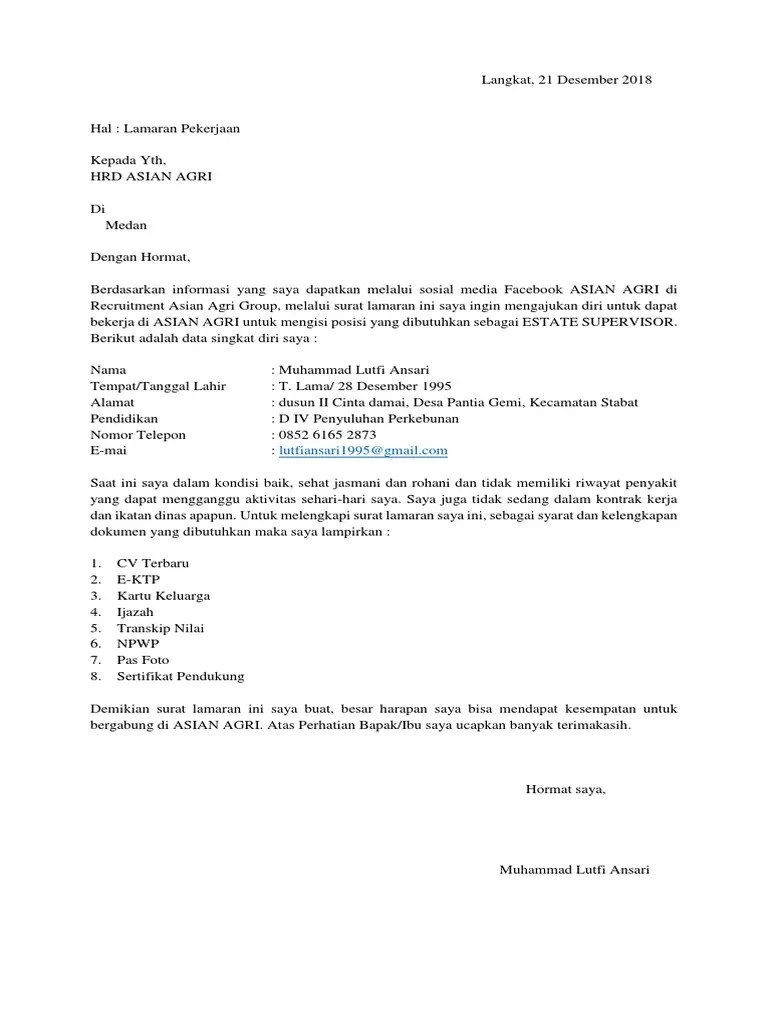 Dapat anda lihat berikut ini. Surat Lamaran Asian Agri Pdf