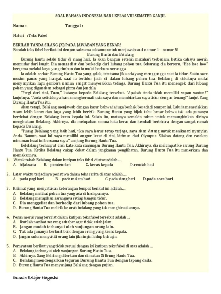 Hewan jinak dan hewan liar. 8 Bahasa Indonesia Soal Bab I Fabel Pdf