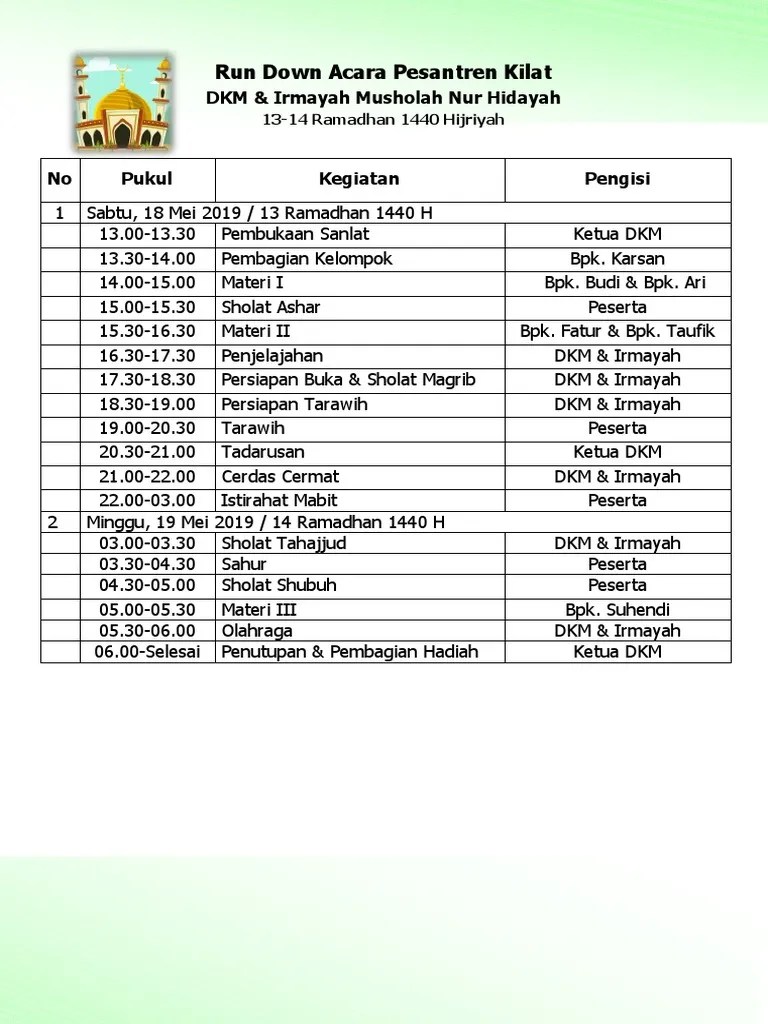 Sedangkan lain halnya dengan jadwal kegiatan pesantren ramadhan, sudah bisa dipastikan bahwa sebuah jadwal biasanya . Jadwal Pesantren Kilat 2019