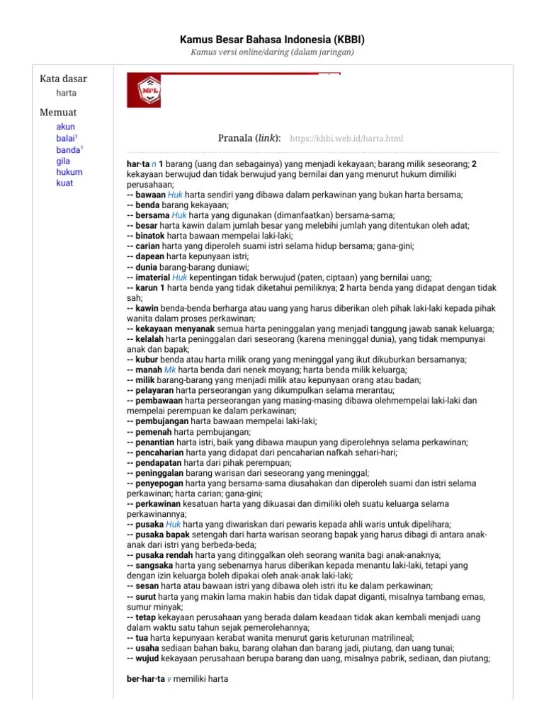 Arti Kata Harta - Kamus Besar Bahasa Indonesia (KBBI) Online | PDF