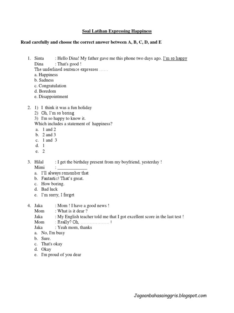 Kunci jawaban soal uas bahasa inggris kelas 10 sma ma, kurikulum 2013 tahun pelajaran 2021. 5 Soal Expressing Happiness Pdf