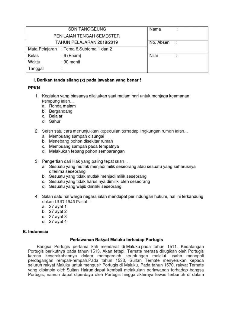 Ilmuguru - Org - Soal PTS Kelas 6B Tema 6 Sub 1-2 | PDF