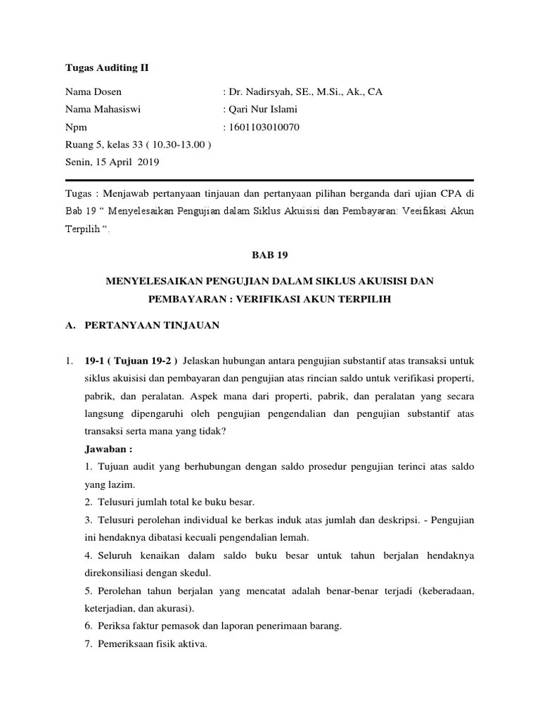 Soal pilihan berganda mandiri bab 23. Tugas Auditing Ii Bab 19 Qari Nur Islami 1601103010070 Pdf