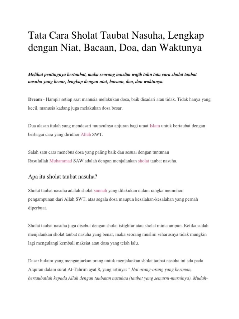 Tata Cara Sholat Taubat Nasuha, Lengkap Dengan Niat, Bacaan, Doa, Dan  Waktunya | PDF