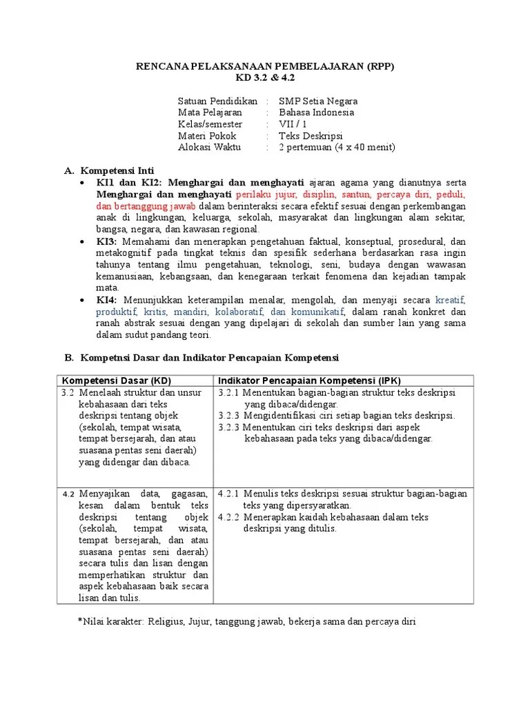 RPP Teks Deskripsi 3.2 Dan 4.2 Bu Nurul | PDF