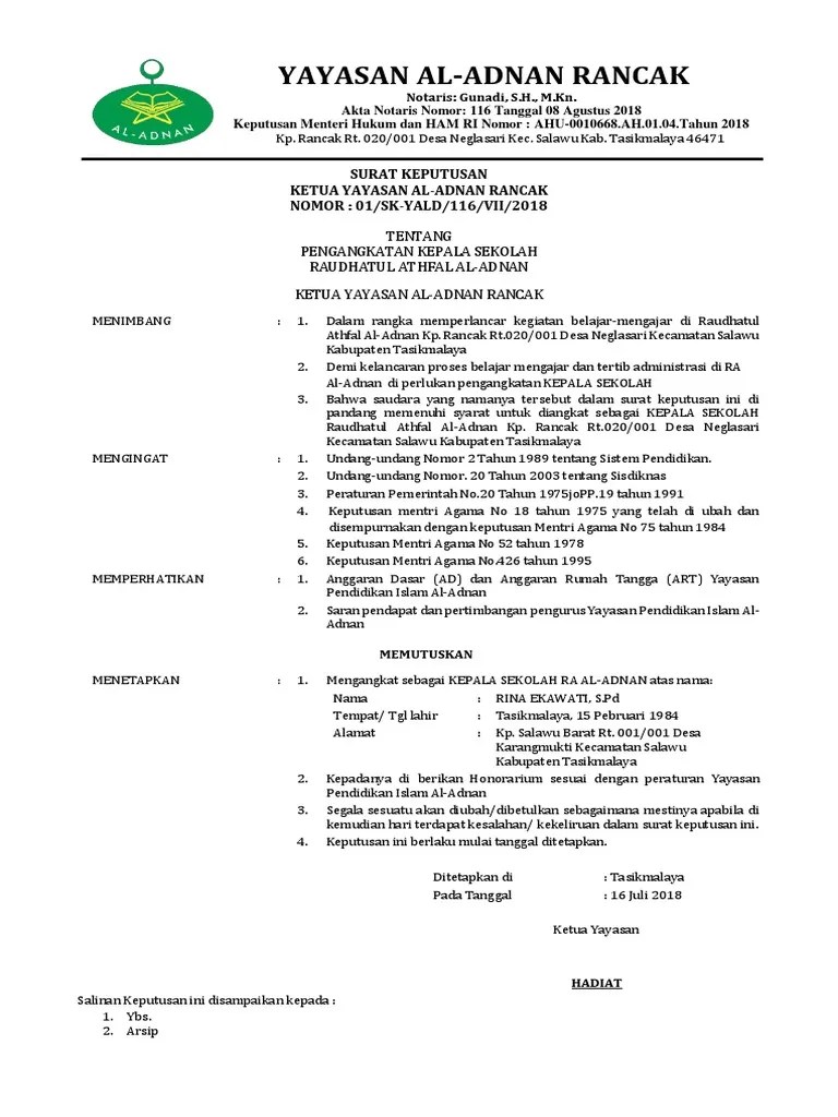 Bahwa untuk memenuhi kebutuhan tenaga kepala sekolah/madrasah dan sekaligus meningkatkan mutu pendidikan di lingkungan yayasan … 2. Sk Kepala Ra Baru Pdf
