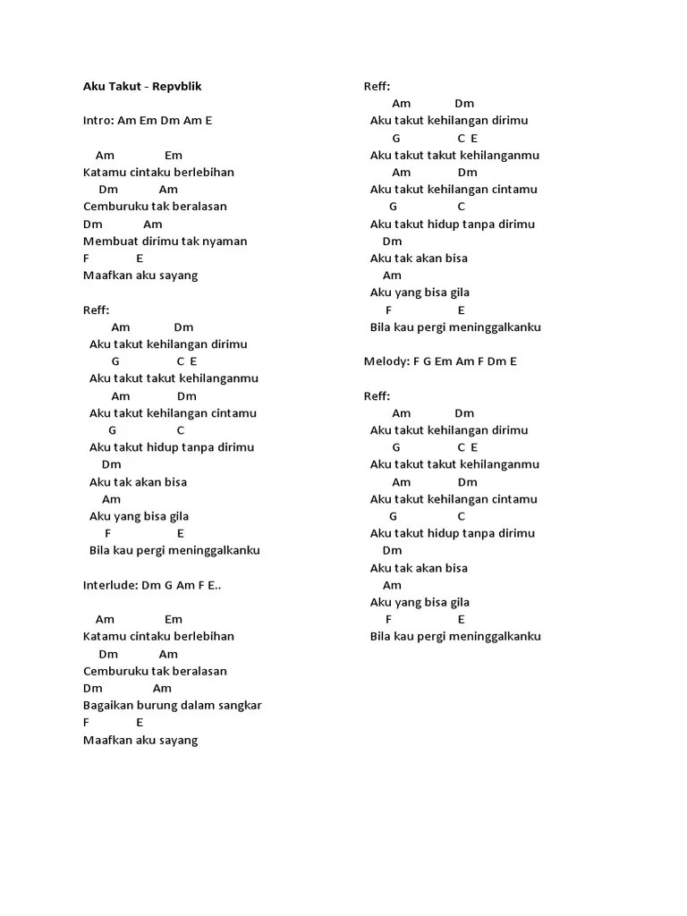 Kunci Gitar Lagu Repvblik Aku Takut Kehilanganmu