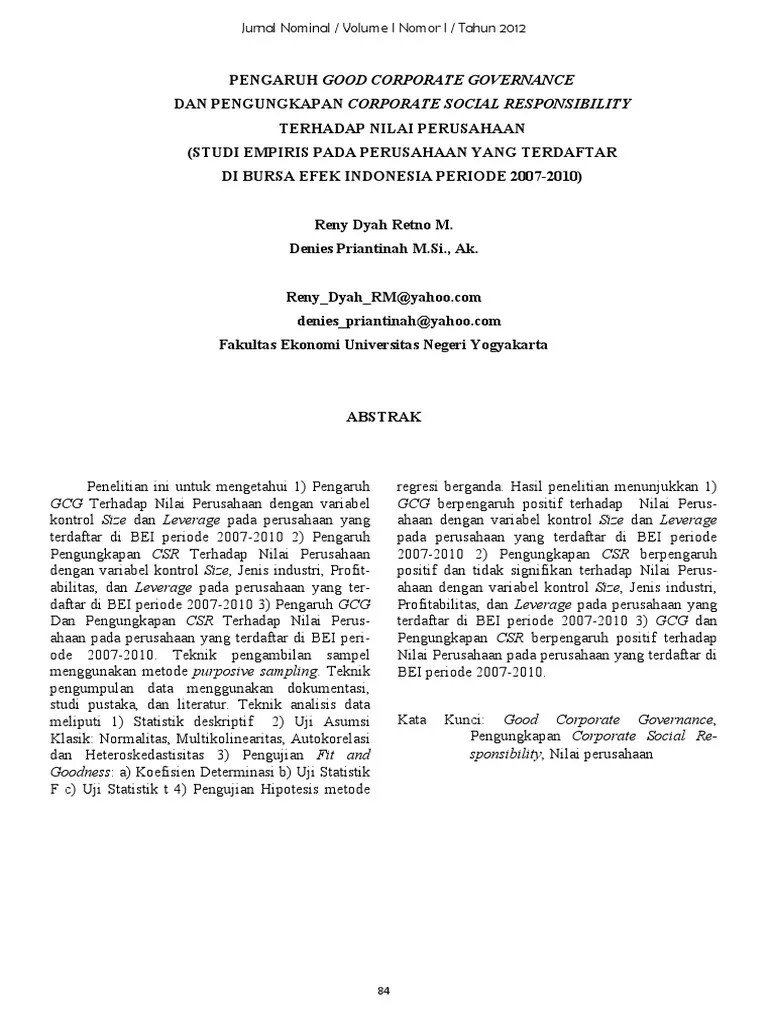 Perbandingan kinerja keuangan perusahaan sebelum dan sesudah merger dan akuisisi (pada perusahaan pengakuisisi yang … Pengaruh Good Corporate Governance Dan Pengungkapan Corporate Social Responsibility Terhadap Nilai Perusahaan Pdf